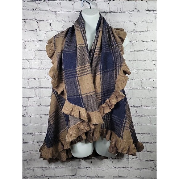 Coco + Carmen Shawl Brown/Navy Ruffles Sleeveless One Size - Picture 1 of 5